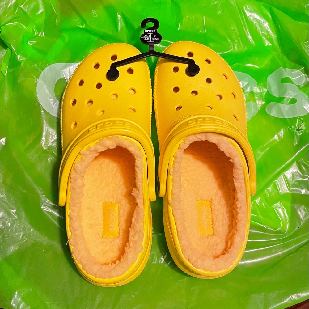 Yellow fluffy crocs